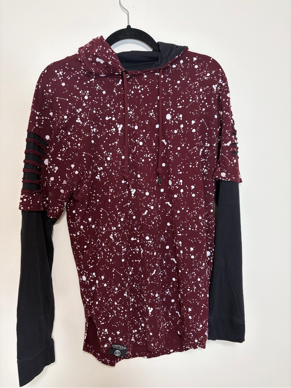 Switch Burgandy and White Paint Splattered Urban Streetwear Hoodie.